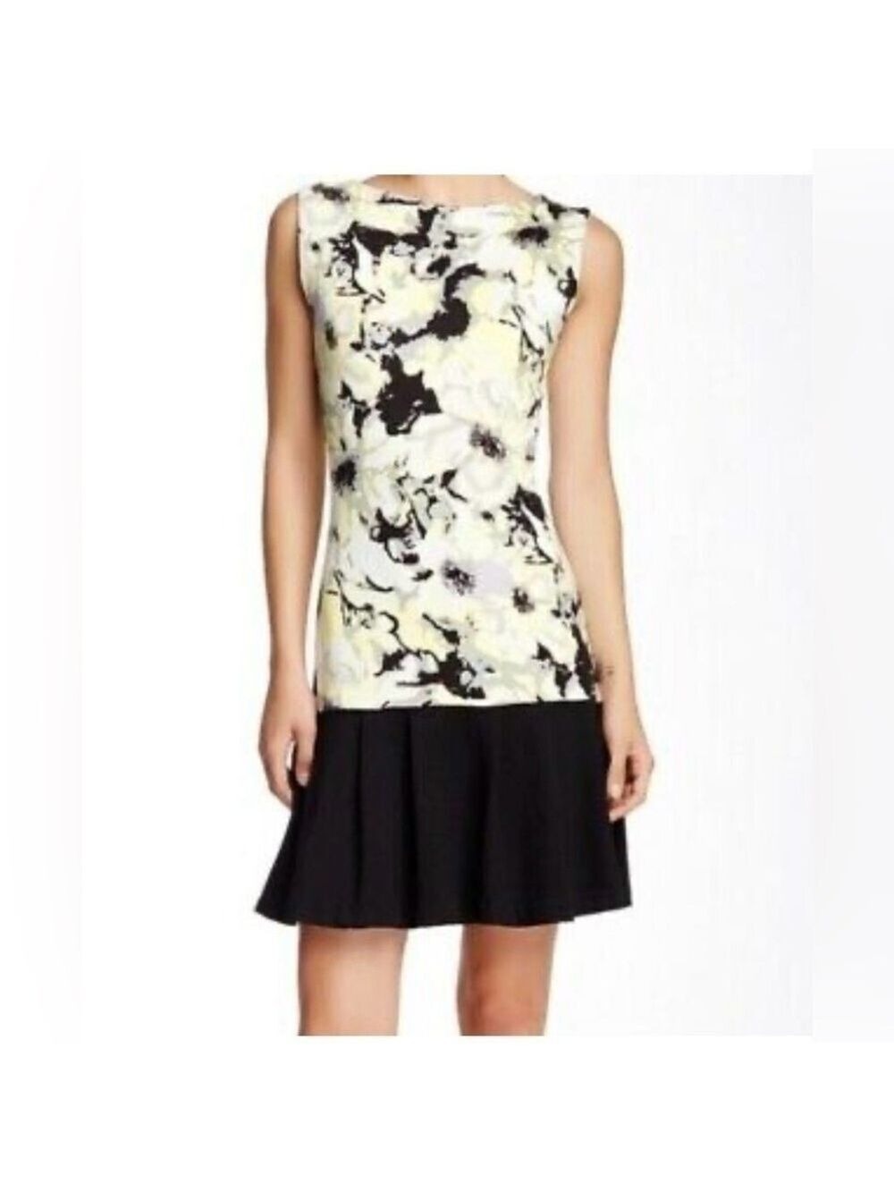 Vertigo Yellow Haze & Black Floral Print Dress With Box Pleated Bottom - S